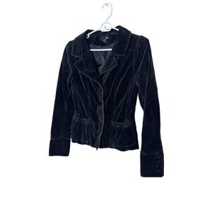 H&M Blazer Womens 6 Black Cotton Velvet Button Front Ruffle Trim Jacket